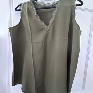 Army green rayon sleeveless shirt with eyelet detail